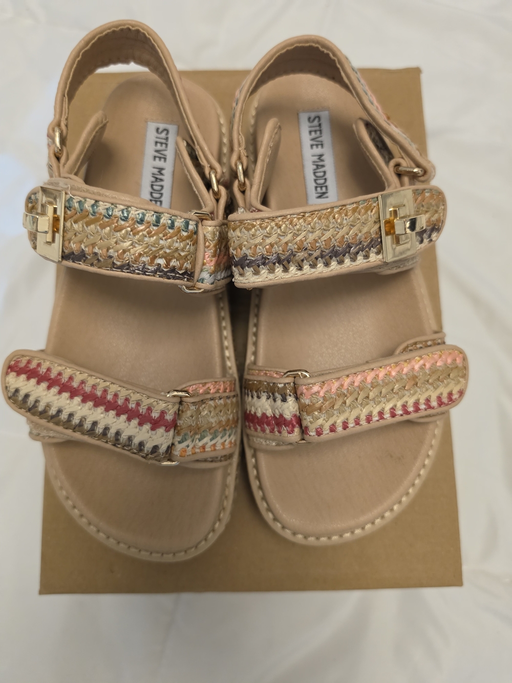 Steve Madden Kids Tan Braided Strap Sandals with Multicolor Accent